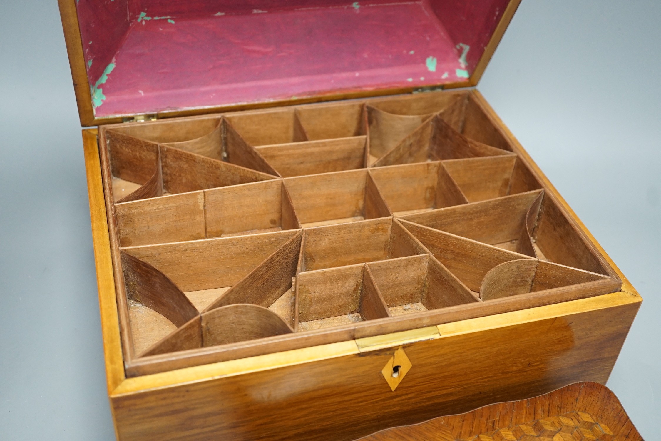 A 19th century partridge-wood and coromandel banded sewing box, together with a French parquetry kingwood jewellery box, with turned bone feet, largest 32cm wide